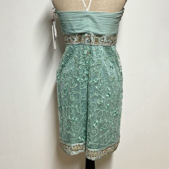 NWT Sue Wong Antique Aqua Sheath Dress w/ Floral Appliques & Beaded Waist Sz 12 - Picture 3 of 4